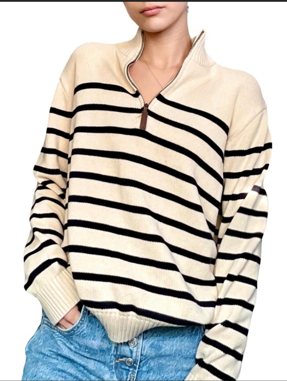 Brandy Melville Aleah Cotton Stripe Zip Sweater Coastal Preppy Academia Medium